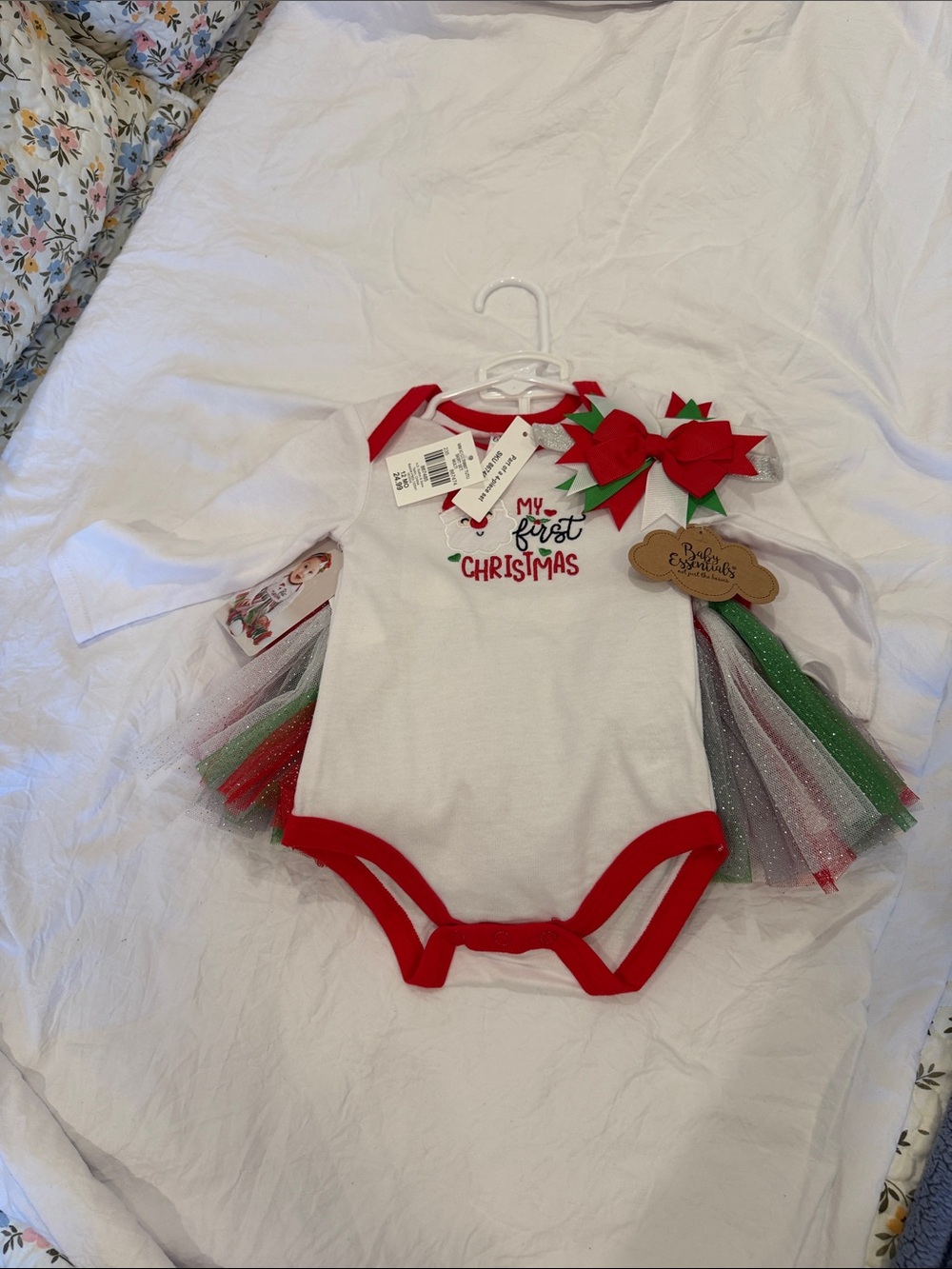 Baby Essentials White One-Piece with Red Trim and Green/Red Tulle Skirt